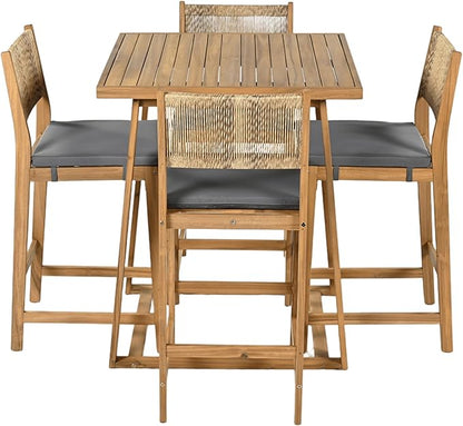 Christopher Knight Home Barron 5-Piece Acacia Wood Patio Bar Set, Patio Bar Table and Stools Set, Soft Seat Cushions, Rattan/Wicker Dining Set for Garden, Backyard, Poolside, Balcony,Teak + Dark Gray