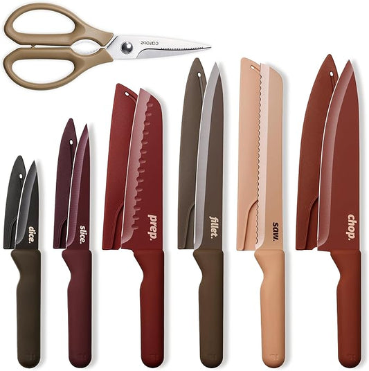 CAROTE Knife Set, 13 Pcs Kitchen Knife Set with Letter, 6 Stainless Steel Knives with Nonstick Ceramic Surface & Blade Guards, Kitchen Shears, Dishwasher Safe, Ergonomic Handles