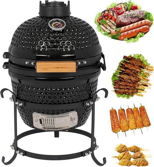 13" Ceramic Grill Round Portable Charcoal Barbecue Grills with Thermometer, Compact BBQ Grill for Garden Backyard Party Picnic Hiking Travel Outdoor Cooking Use, Easy to Assemble, Black