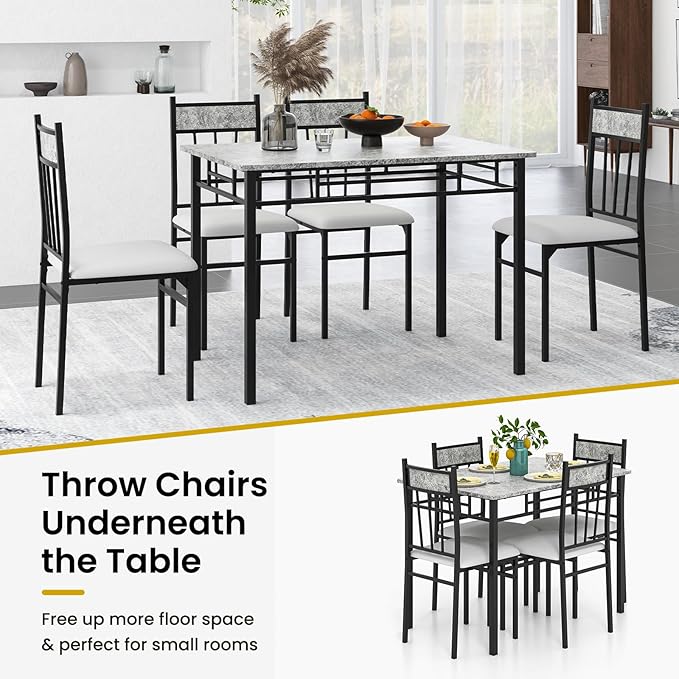 Tangkula Dining Table Set for 4, Kitchen Table and Chairs Set with Metal Frame & Padded Seat, Dining Table and Chairs Set of 4 for Dining Room, Space Saving