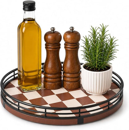 AMH 9-Inch Brown Checkerboard Lazy Susan Organizer with Black Metal Rail | Smooth rotating oak tray with walnut finish for dining tables, kitchen counters, pantries and cabinet storage.