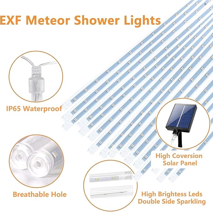 Solar Meteor Shower Lights Outdoor, Waterproof Christmas Lights Decorations Solar Powered 16 Tubes 384LED Icicle String Light, Snow Cascading Rain Drop Light for Xmas Tree Garden Decor (Warm White)