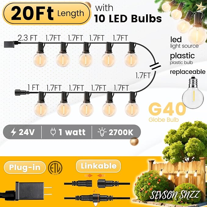 Outdoor String Lights 20FT - LED Waterproof Patio Lights G40 Globe Bulbs Shatterproof, Connectable Hanging Outdoor Lights for Outside Indoor Garden Backyard Deck Porch Party Decor