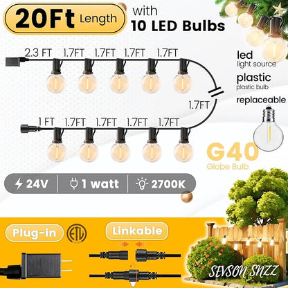 Outdoor String Lights 20FT - LED Waterproof Patio Lights G40 Globe Bulbs Shatterproof, Connectable Hanging Outdoor Lights for Outside Indoor Garden Backyard Deck Porch Party Decor