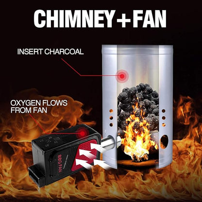 homenote Rapid Charcoal Chimney Starter Set Fireplace Accessories Lighter Cubes BBQ Heat Resistant Gloves Blower BBQ Tools（11.5" x 7" x 7"）