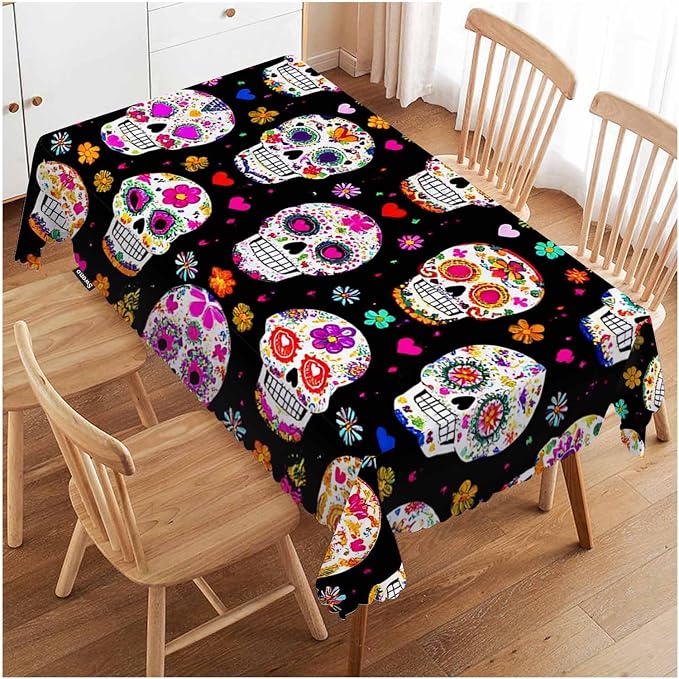 Swono Day of The Dead Table Cover Tablecloth, Colorful Mexican Sugar Skulls 50x72 Inch Table Cloth for Rectangle Tables Buffet Parties Coffee BBQ and Dinning Tablecloth