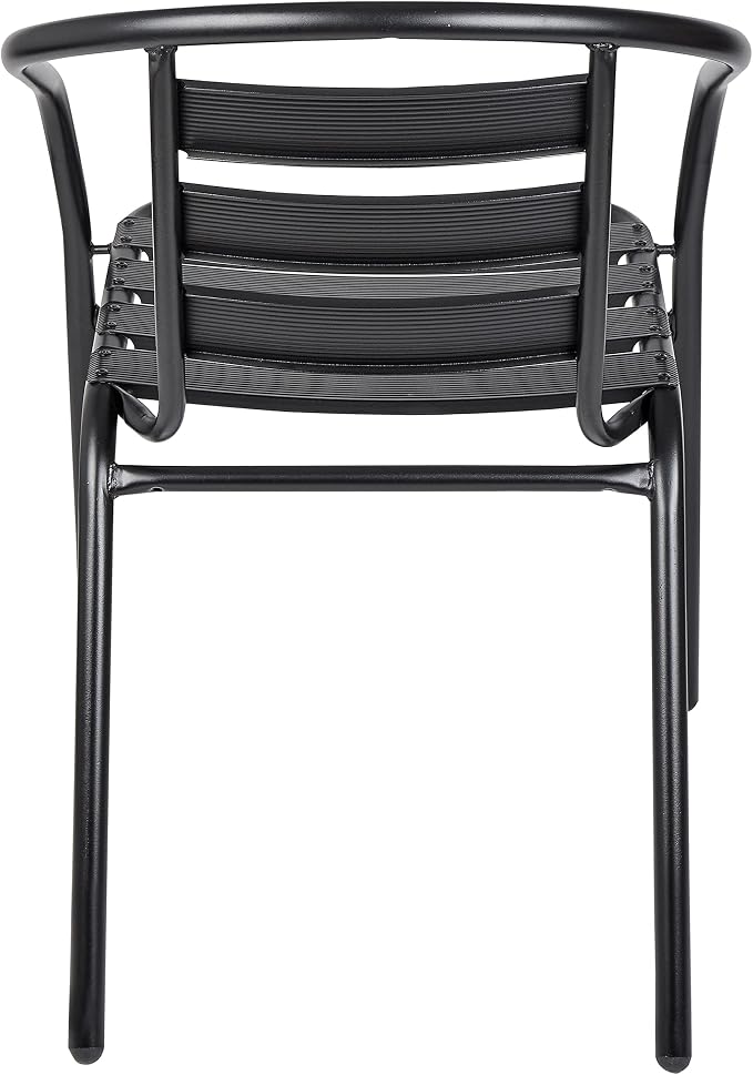 Indoor Outdoor 23.75" Restaurant Stainless Steel Aluminum Metal Slat Stack Lightweight, 4 Chairs with a Round Table, Silver/Black