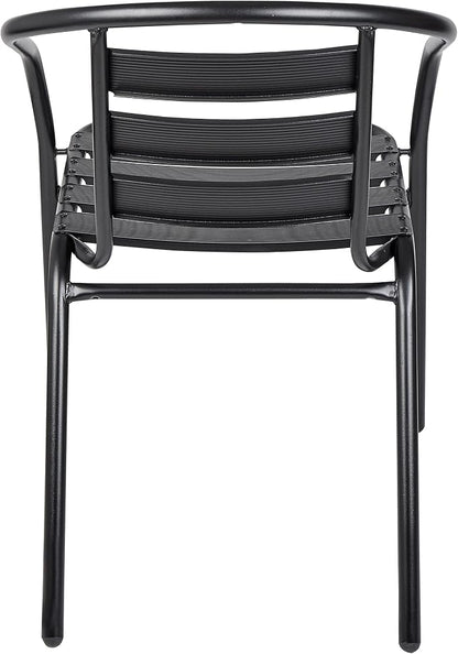 Indoor Outdoor 23.75" Restaurant Stainless Steel Aluminum Metal Slat Stack Lightweight, 4 Chairs with a Round Table, Silver/Black