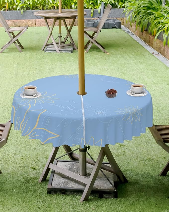 QueenKer Outdoor Tablecloth with Umbrella Hole, Minimalist Lines Leaves Flowers Blue Round Tables Waterproof Tabletop Collection for Patio, Garden, Picnic, Camping, Dining 60R