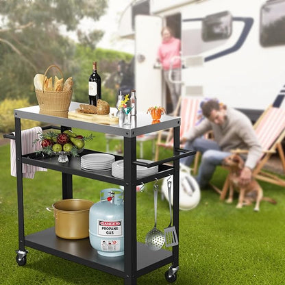 Baotree Outdoor Grill Cart Table, Stainless Steel Outdoor Grill Cart Pizza Oven Stand Trolley Table with Two Side Handle, Garden Patio BBQ Kitchen Heavy Duty Table Cart (Black)