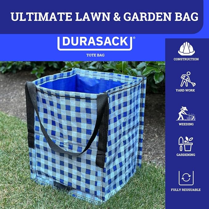 DURASACK Heavy Duty Storage Tote Bag 22-Gallon, Gingham Blue, Pack of 4 | Rugged Woven Polypropylene Moving Bag, Reusable Self-Standing Design, Holds up to 500 Pounds