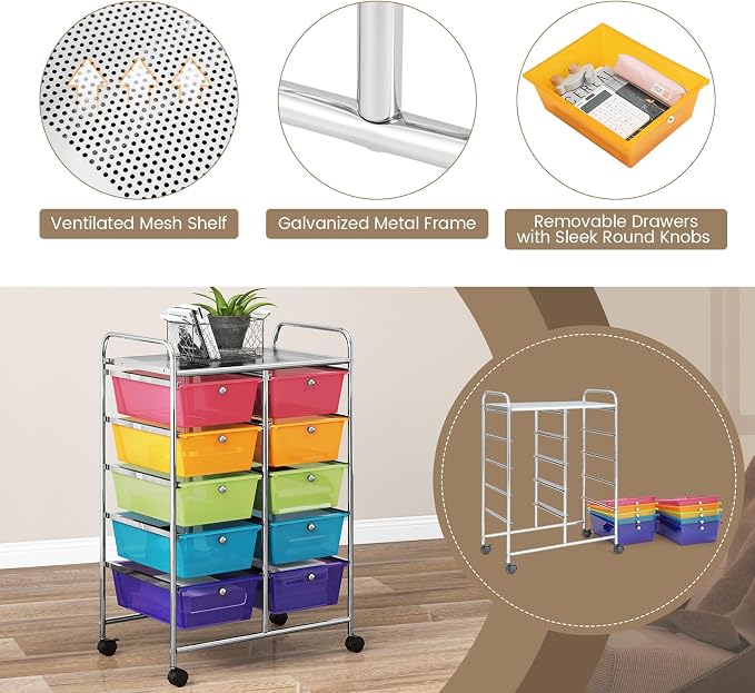 HOMGX Rolling Cart with 10 Drawers, 10 Tiers Multicolor Trolley, Drawer Bin Carts with 2 Lockable Wheels, Adjustable File & Debris Organizer Cart, Rolling Storage Cart for Office, School, Home