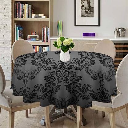 Black Damask Round Tablecloth Gothic Vintage Floral Skull Exotic Moth Antique Table Cloth Water Resistant Wipeable Table Cover for Farmhouse Party Holiday Kitchen Dinner Table 60"