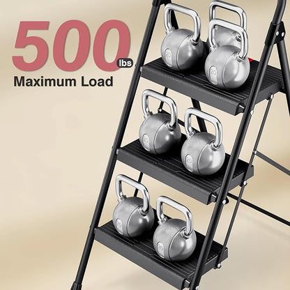 TOOLF 3 Step Ladder, Folding Steel Step Ladder with Handrail, Black | 500 lb Capacity, Wide Anti-Slip Pedals, Steel Frame, Safety Handrail, Foldable, Indoor & Outdoor Use