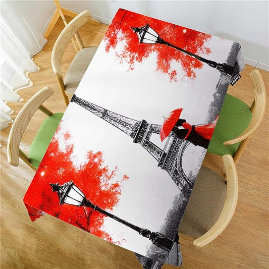 Swono Paris Table Covers 52x70 Inch France Eiffel Tower Couple Umbrella Wipeable Tablecloth Kitchen Dinning Tabletop Decoration, Red Grey Table Cloth for Outdoor and Indoor Use