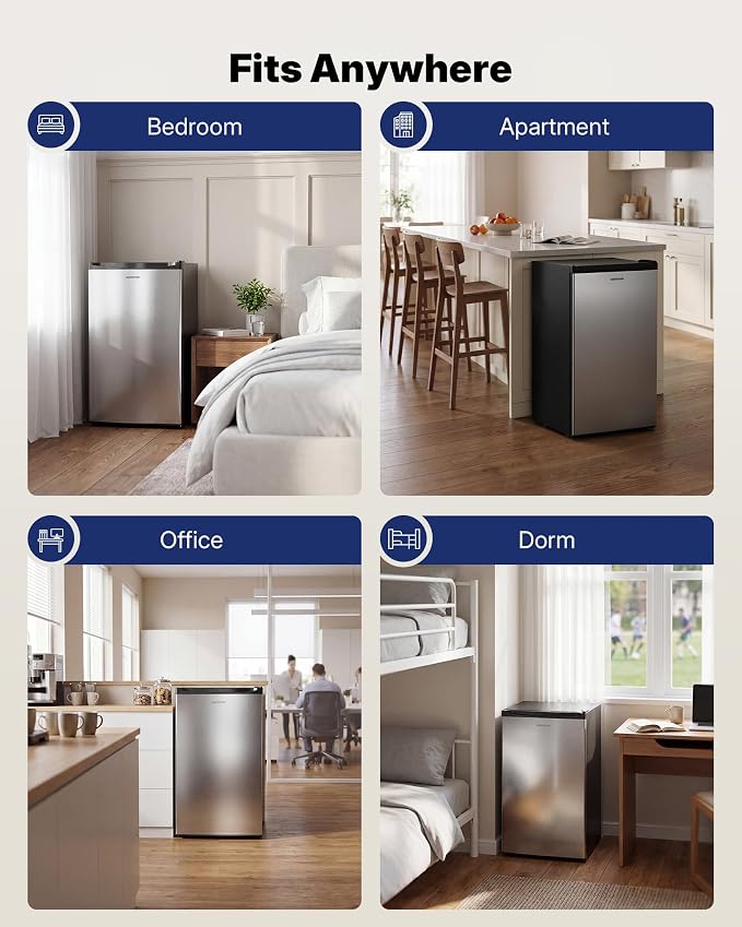 Upstreman 3.2 Cu.Ft Mini Fridge with Freezer, Stainless Steel-SR321 | Adjustable Thermostat, Energy Saving, Low Noise, Reversible Door, Small Refrigerator for Dorm, Bedroom, Office