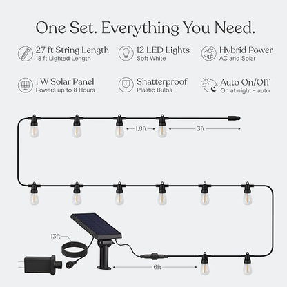 Brightech Ambience Hybrid Outdoor String Lights - Dual Plug and Solar Powered Waterproof LED Light String for Outside - 27 Ft, Soft White Edison Bulbs, for Camping, Patio, Cafe, Yard, Porch