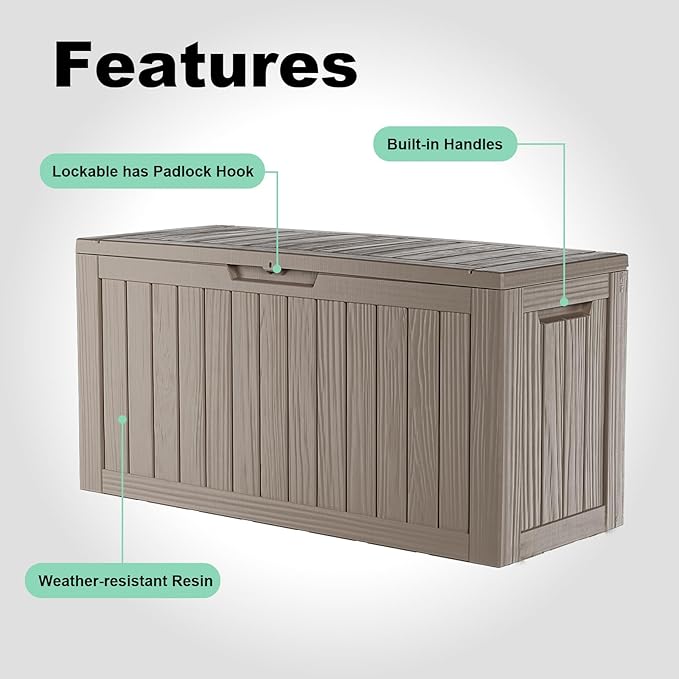 PatioZen 85 Gallon Deck Box Outdoor, Weatherproof Resin Patio Storage Box, Waterproof Outdoor Storage Boxes with Lid Lockable for Cushions, Garden Tools,Grey