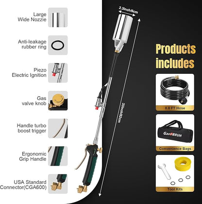 GasBRUH Heavy Duty Weed Torch Propane Burner with Storage Bag, High Output 360,000 BTU Blow Torch with 8.8FT Hose, Portable Flame Weeder with Igniter for Garden Wood Roofing Snow Road Charcoal Start