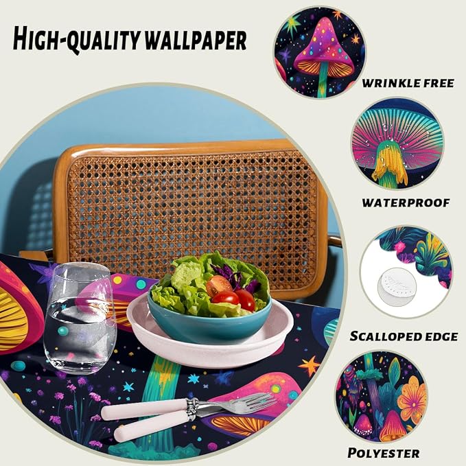 Mushrooms Decorative Rectangle Table Cloth Magic Psychedelic 60S Hippie Vintage Rectangle Table Cover Anti-Oil Tablecloth for Dining Tables, Parties, Wedding and Banquet Decoration 52" x 70"