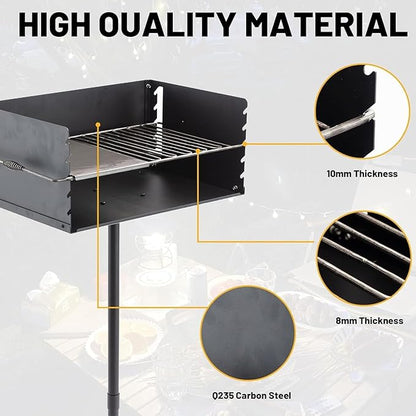 Park Style Charcoal Grill, 16"x16"x8" Heavy Duty Outdoor Park Grill with Cooking Grate, Backyard Camping BBQ Grilling