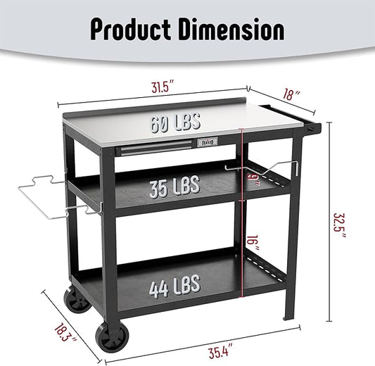 Feasto 31.5"x18" Outdoor Stainless Steel Grill Table, Movable Grill Prep Table Table with Seasoning Rack & Magnetic Tools Holder, Backyard BBQ Kitchen Food Prep Table for Portable Griddle & Pizza Oven