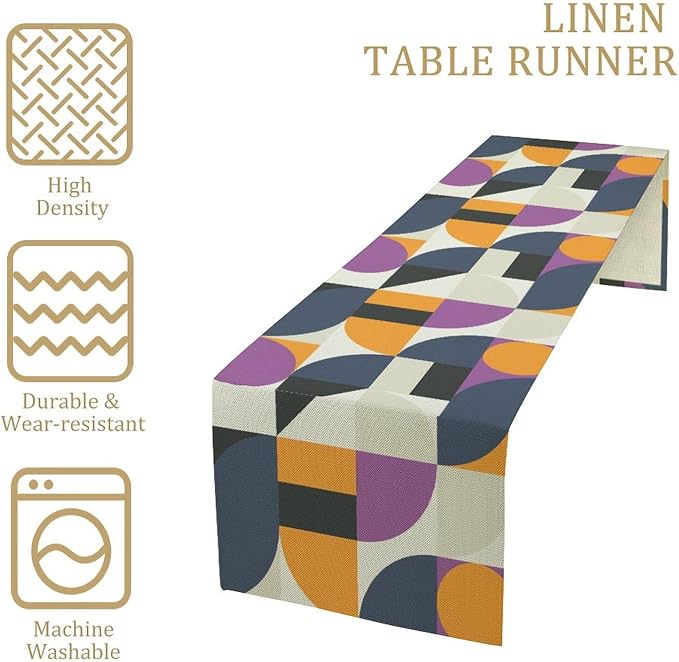 Mid Century Geometric Table Runner,Nordic Abstract Splicing Semicircle Linen Table Runners for Indoor Outdoor Home Holiday Wedding Birthday Party Decoration 13x36in