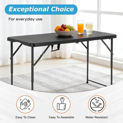 PayLessHere Folding Camping Table Plastic Picnic Table Office Table for Parties Wedding Camping Office with Carrying Handle (Black, 4 FT)