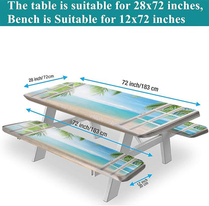 White Wooden Windows Picnic Table and Bench Fitted Tablecloth Cover, 3-Piece Set, Tropical Palms on Ocean Print Elastic Edge Rectangle Fitted Tablecloth for Outdoor Camping & Dinning, 72x28 Inch