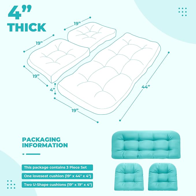 DANGHOOGY Wicker Chair Cushions, Waterproof Outdoor Loveseat Cushions for Patio Furniture, Tufted Wicker Furniture Cushions, 1 Loveseat and 2 U-Shaped Cushions, Teal