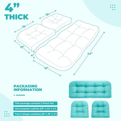 DANGHOOGY Wicker Chair Cushions, Waterproof Outdoor Loveseat Cushions for Patio Furniture, Tufted Wicker Furniture Cushions, 1 Loveseat and 2 U-Shaped Cushions, Teal