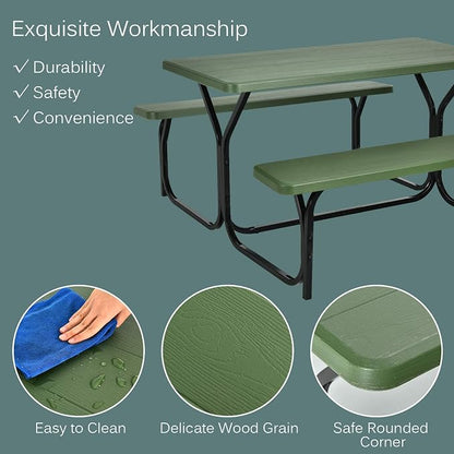 COSTWAY Outdoor Picnic Table, HDPE Plastic Picnic Table Bench Set | Weather Resistant Tabletop & Wood Texture, Ideal for Patio, Backyard (59" D x 54" W x 28.5" H,Green)