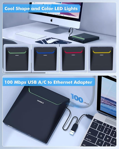 New External CD DVD Drive with Ethernet Adapter USB 3.0 Hub & Carrying Case | 3 USB & 2 TF/SD Card Ports, CD DVD Burner Player Reader Writer Optical Disc Drive for Laptop MacBook PC Windows Linux Mac OS