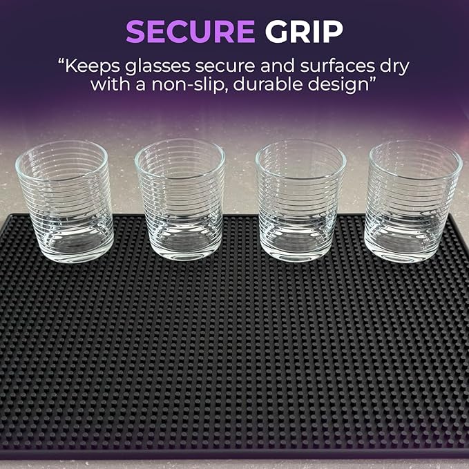 Rubber Bar Mat 18×12" Premium Countertop Mat for Coffee Bar, Home Bar & Kitchen, Durable 1cm Thick Rubber Drink Mat with Textured Surface That Helps Reduce Slipping, Black Bar Spill Mat