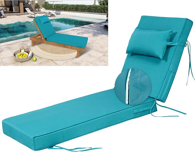 80" L x 26" W Chaise Lounge Cushions Outdoor Lounge Chair Cushion with Headrest Straps 3'' Thick Waterproof Patio Chaise Cushions Pool Lounge Chair Cushions(Turquoise)