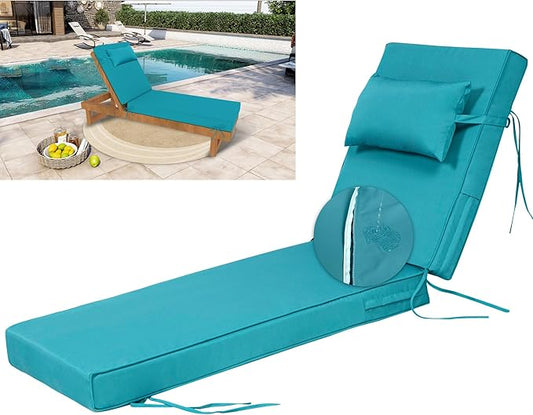 80" L x 26" W Chaise Lounge Cushions Outdoor Lounge Chair Cushion with Headrest Straps 3'' Thick Waterproof Patio Chaise Cushions Pool Lounge Chair Cushions(Turquoise)