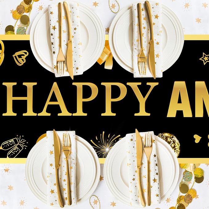 Black Golden Wedding Anniversary Table Runner 72 x 13 Inches | Happy Wedding Anniversary Decor, Linen Fabric, Washable Reusable Table Cover, Indoor Outdoor, Kitchen, Dining Table Decor