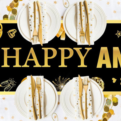 Black Golden Wedding Anniversary Table Runner 72 x 13 Inches | Happy Wedding Anniversary Decor, Linen Fabric, Washable Reusable Table Cover, Indoor Outdoor, Kitchen, Dining Table Decor