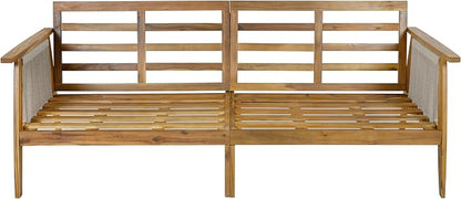 Christopher Knight Home Outdoor 3 Seater Patio Sofa with Acacia Wood Frame and Rope Weave Design, Cushioned Garden Couch with Removable Covers for Patio Deck Balcony, Teak and Beige