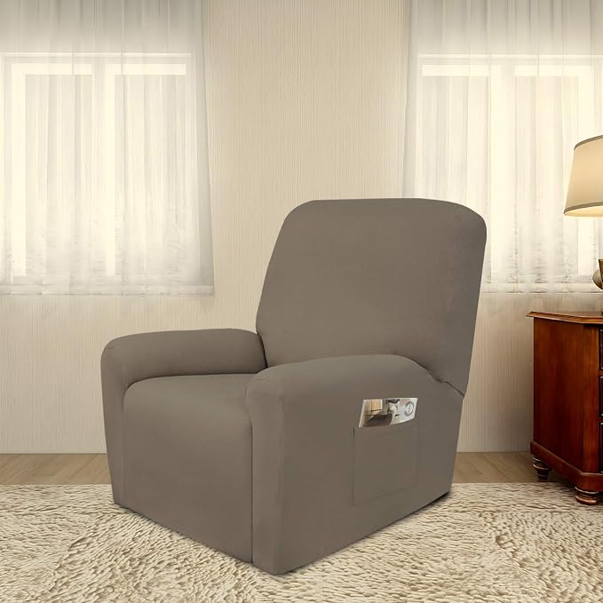 PureFit Stretc Recliner Chair Covers Fleece Soft Couch Covers for Sofa | Natural 4-Pieces Recliner Slipcover Pocket Couch Protector, Fleece Sofa Cover Washable with Non Slip Elastic Bottom