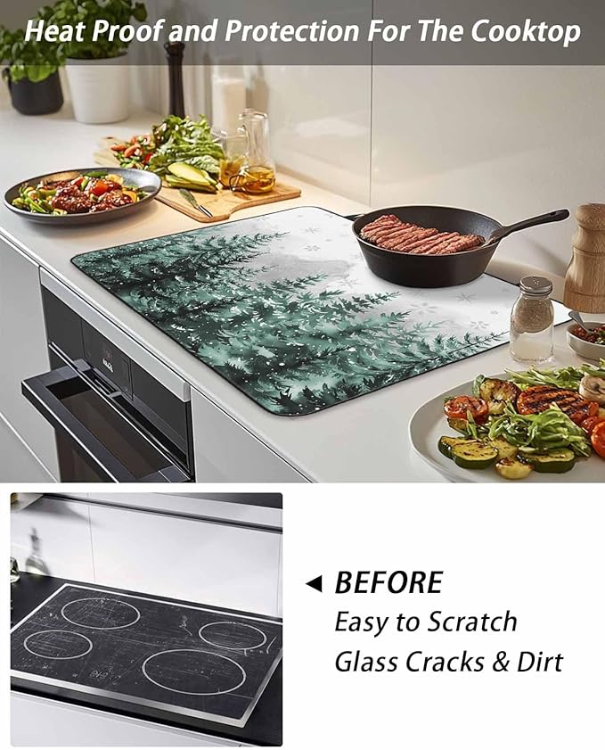 Stove Top Covers for Electric Stove 36x21 Inches, Forest Christmas Tree HeatResistant Glass Cooktop Protector, Green Xmas Snowflake Misty Winter Ceramic Stovetop Countertop Covers Mat, Oven Cover