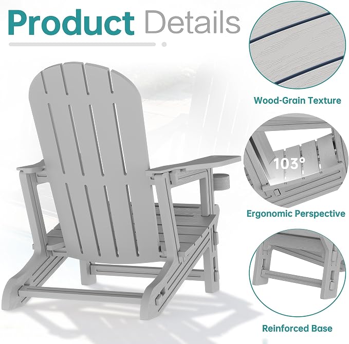 Shintenchi Adirondack Chairs Set of 2,HDPE Adirondack Chairs w/Removable Tablelop & Umbrella Hole,All-Weather Wooden Textured Plastic Outdoor Chairs w/Cup Holders for Garden Backyard Pool,Light Gray
