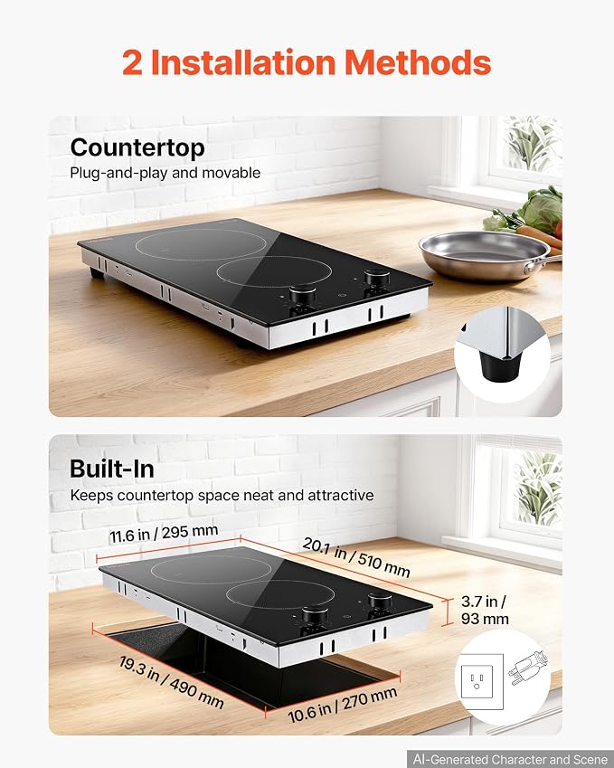 VEVOR Electric Cooktop 12in 2 Burners Portable Stove Top 1800W 120V Plug In, Ceramic Countertop/Built-in Radiant Electric Stove, with 11 Power Levels, Over-Heat Guard, Knob Control