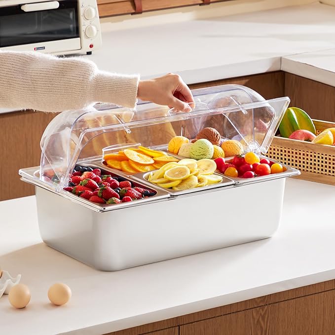VEVOR Countertop Food Serving Display Container, 5 Pan Stainless Steel Food Serving Tray, Buffet Condiment Dispenser Display Rack with Clear Lid & 3 Freezer Boxes, for Restaurant Hotel Kitchen Party