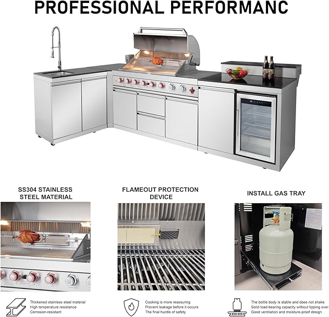 96" Modular Outdoor Kitchen Island with Side Burner, 6-Burner 95,500 BTU Propane BBQ Island, Refrigerator, Bar Counter, Integrated Sink & 3-Tier Corner Cabinet, Silver