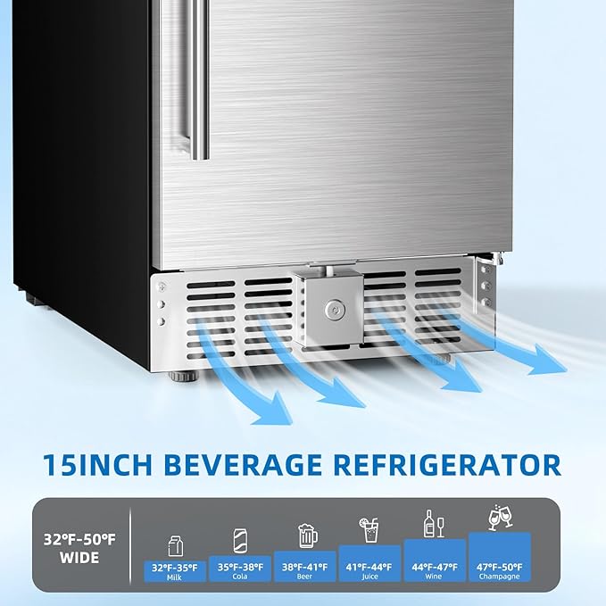 Antarctic Star 15 Inch Outdoor Beverage Refrigerator, 135 Can Stainless Steel Mini Fridge, Undercounter Built-in or Freestanding, Fast Cooling Low Noise Wine Cooler for Home Patio, 32-50°F
