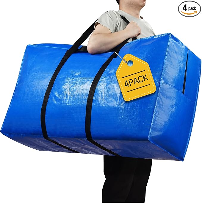 Extra Large Storage Bags, 57 Gallon XXL Jumbo Large Moving Bags Heavy Duty | 4 PACK Clothes Storage Totes Bins Moving Boxes Supplies, Foldable Travel Duffle Bag, Christmas Tree Bag,42x23x13.5 inch