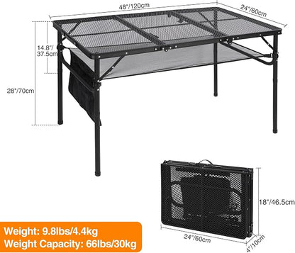 REDCAMP 48x24 Long Folding Grill Table for Outside, Lightweight Portable Double Layer Metal Aluminum Outdoor Grill Table with Adjustable Height Legs, Great for Camping Picnic Cooking BBQ, Black 4ft