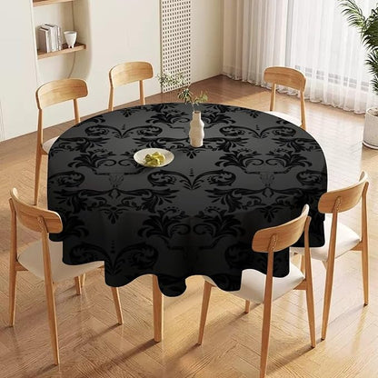 Gothic Black Damask Round Tablecloth, Vintage Floral Exotic Longhorn Skull Bull Bone Table Cloth Water Resistant Table Cover for Farmhouse Party Holiday Kitchen Dinner Table 36"