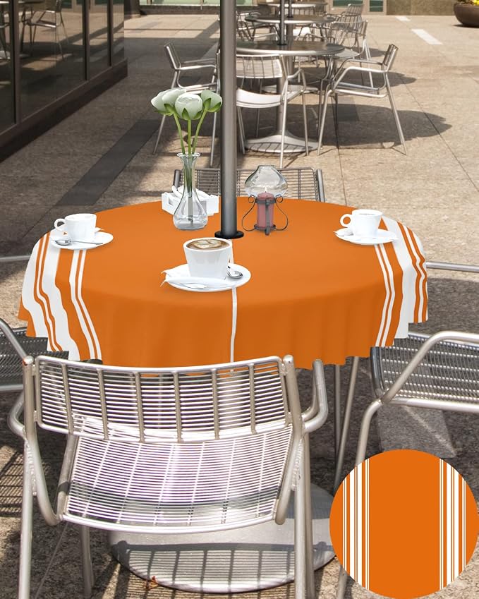 Queenker Fall Outdoor Tablecloth with Umbrella Hole, Farmhouse Orange White Stripe Round Tables Zippered Table Cloth Waterproof Tabletop Cover Collection for Patio, Garden, Picnic, Camping, Dining